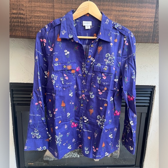 90s Indigo Floral Cotton Shirt | Western Cottagecore Button Down | M - Picture 2 of 3